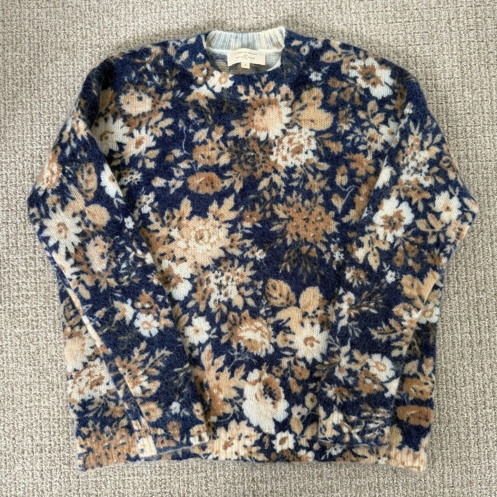 Sezane Blue and Cream Floral Crewneck Sweater - Picture 3 of 9